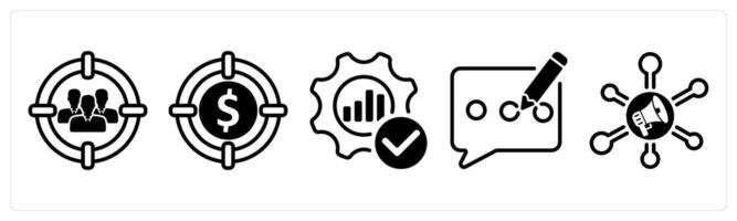 A set of five business icons as target audience, target profit, optimization vector