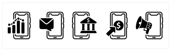 A set of five business icons as mobile report, mobile message, online banking vector