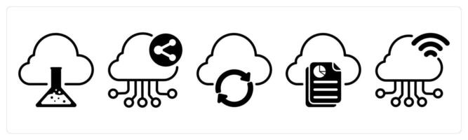 A set of five business icons as cloud research, cloud network sharing, cloud update vector