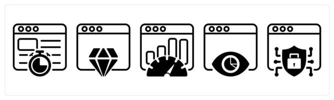 A set of five business icons as website speed, website reputation, seo performance vector