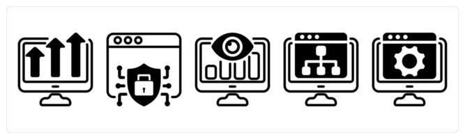 A set of five business icons as marketing trend, web security, seo monitoring vector