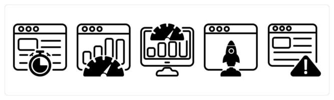 A set of five business icons as website speed, seo performance, dashboard vector