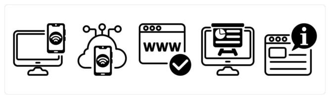 A set of five business icons as device connectivity, iot, domain registration vector