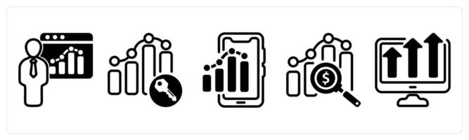 A set of five business icons as seo training, keyword ranking, mobile report vector
