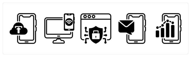 A set of five business icons as mobile data backup, device connectivity, web security vector