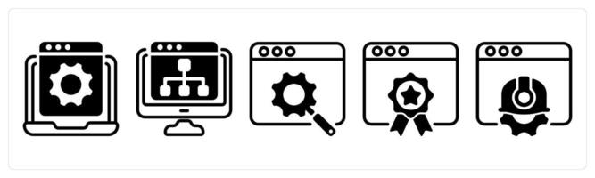 A set of five business icons as website development, web hierarchy, search engine optimization vector