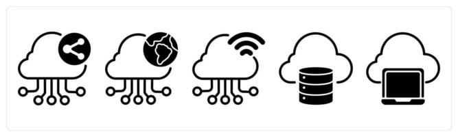 A set of five business icons as cloud network sharing, cloud research, cloud connection vector
