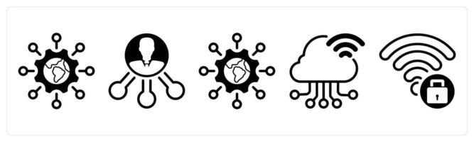 A set of five business icons as global technology, affiliate, cloud connection vector