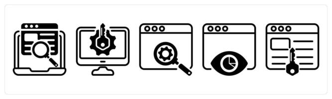 A set of five business icons as web search, keyword generator, seo development vector