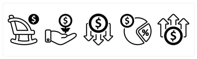 A set of five business icons as retirement, investment growth, lower cost vector