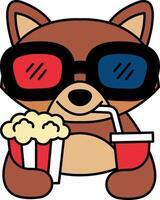 isolate illustration of Raccoon wearing 3D glasses with popcorn and soda vector