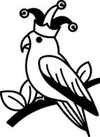 isolate black and white illustration of Parrot wearing clown hat vector