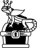 isolate black and white illustration of Lizard in a crown standing on a treasure chest vector