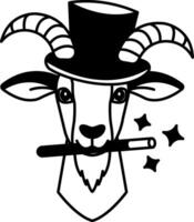 isolate black and white illustration of Goat wearing a magician hat and a wand vector