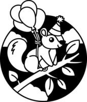 isolate black and white illustration of Squirrel wearing a party hat and having balloons wrapped around it vector