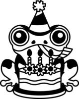 isolate black and white illustration of Frog with party hat and cake vector