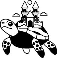 isolate black and white illustration of Pink castle on a sea turtle back vector
