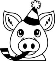 isolate black and white illustration of Pig in a party hat vector
