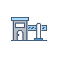 A blue line icon of a building with a gate vector
