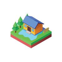 Isometric house with pond and trees vector