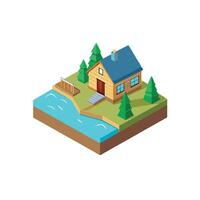 Isometric house on the lake with a dock and trees vector