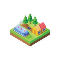 Isometric illustration of a house, a pond and trees vector