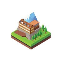 Isometric illustration of a house with a mountain in the background vector