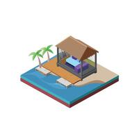 Isometric tropical island with beach hut and palm trees vector