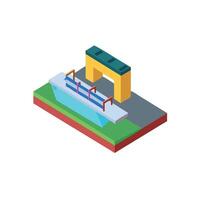 A blue and yellow building with a bridge and a bridge vector