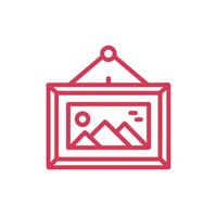 A red line icon of a frame with a mountain in the background vector