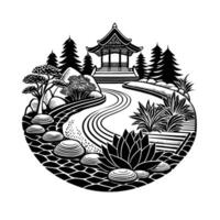 Japanese garden with pagoda and trees illustration vector