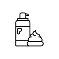 A black and white line drawing of a bottle of shampoo and a bowl of soap vector