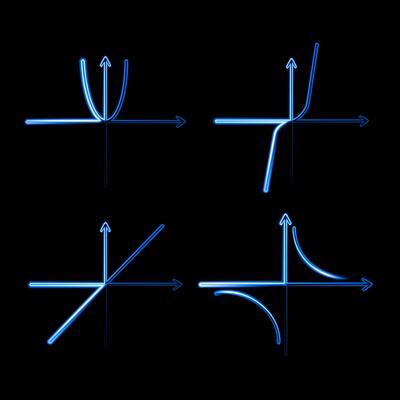 Illustration of a set of algebraic symbols with neon effect. Hyperbola and parabola on a coordinate system.