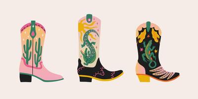 Various quirky cowboy boots. Country shoe with cactus, crocodile and lizard. Wild west theme. Cartoon set isolated on background. vector