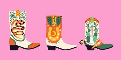 Retro quirky cowboy boots set. Various cowboy boots with cactus, snake, spur. Cartoon set isolated on pink background. vector