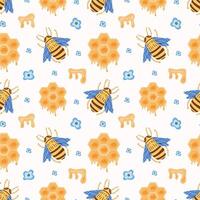 Bees, flowers, honeycombs with honey seamless pattern drawn in doodle style, . Background for beekeeping, bright spring children pattern with yellow honeycombs of honey. For packaging, textiles. vector