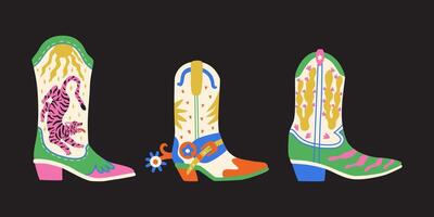 Various groovy cowboy boots. Stylish wild west shoe with tiger and cactus. Cartoon set isolated on black background. vector