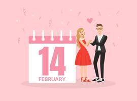 Couple in Love Hugging while Standing in Front of Calendar With 14 February Day, Happy Valentines Day Illustration vector