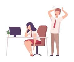 Businesswoman Sitting at the Desk Working at Computer, Shocked Young Man Standing Behind Her Looking into Computer Screen Flat Illustration vector