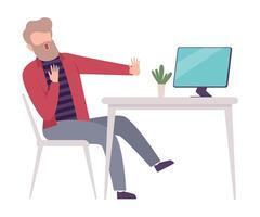 Scared Businessman Sitting at the Desk Looking at Computer Screen Flat Illustration vector