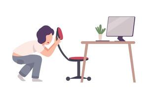 Scared Young Woman Hiding Behind Chair while Looking at Computer Screen Flat Illustration vector