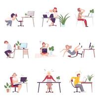 Collection of Shocked and Scared People Sitting at the Desks Looking into Computer Screens Flat Illustration vector