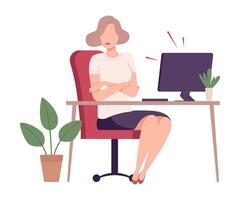 Scared Businesswoman Sitting at the Desk Looking into the Computer Screen Flat Illustration vector