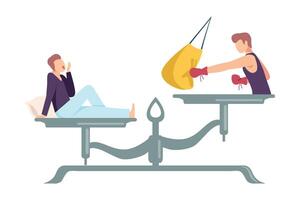 Man Boxing in Gloves is on One Side of Scale, Bored Sleepy Guy on the Other, Scales with Bad and Good Habits, Choosing Between Healthy and Unhealthy Lifestyle Flat Illustration vector