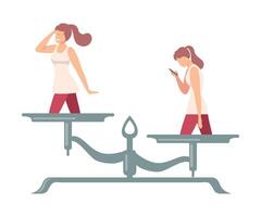 Girl Looking into the Distance is on One Side of Scale, Girl with Smartphone on the Other, Scales with Bad and Good Habits, Choosing Between Healthy and Unhealthy Lifestyle Flat Illustratio vector