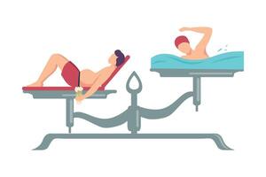 Lazy Man Drinking Beer is on One Side of Scale, Swimming Man on the Other, Scales with Bad and Good Habits, Choosing Between Healthy and Unhealthy Lifestyle Flat Illustration vector