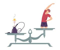 Hookah is on One Side of Scale, Exercising Man on the Other, Scales with Bad and Good Habits, Choosing Between Healthy and Unhealthy Lifestyle Flat Illustration vector