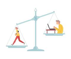 Running Male Athlete is on One Side of Scales, Stooped Man Sitting at Computer on the Other, Bad and Good Habits, Choosing Between Healthy and Unhealthy Lifestyle Flat Illustration vector