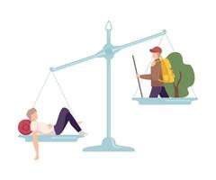 Lazy Lying Man is on One Side of Scale, Hiking Male Traveler on the Other, Scales with Bad and Good Habits, Choosing Between Healthy and Unhealthy Lifestyle Flat Illustration vector