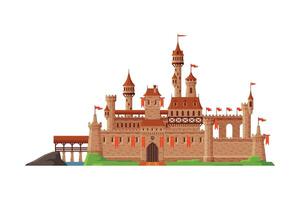Medieval Castle with Red Flags, Ancient Stone Fortress Building Illustration vector
